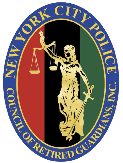 Oval shaped logo with organizational name in outer ring of oval shaped written in pale gold letters on a blue background. Inner circle of logo features pale gold lady justice illustration at the forefront of a red, black, and green banner background.